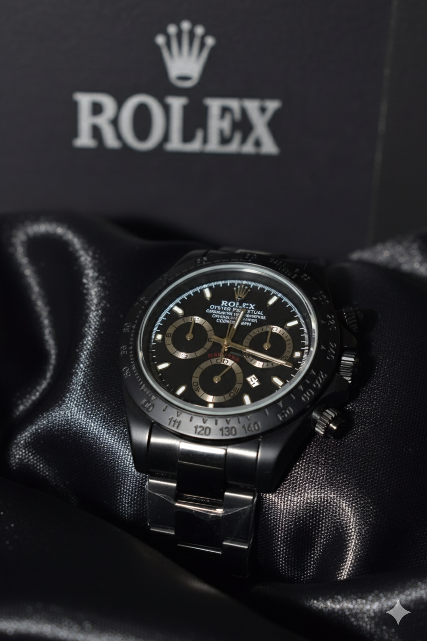 Rolex watch on a black satin surface with Rolex logo in the background